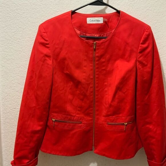 CALVIN KLIEN Red Collarless Jacket Blazer front zip size 8 - Picture 1 of 8